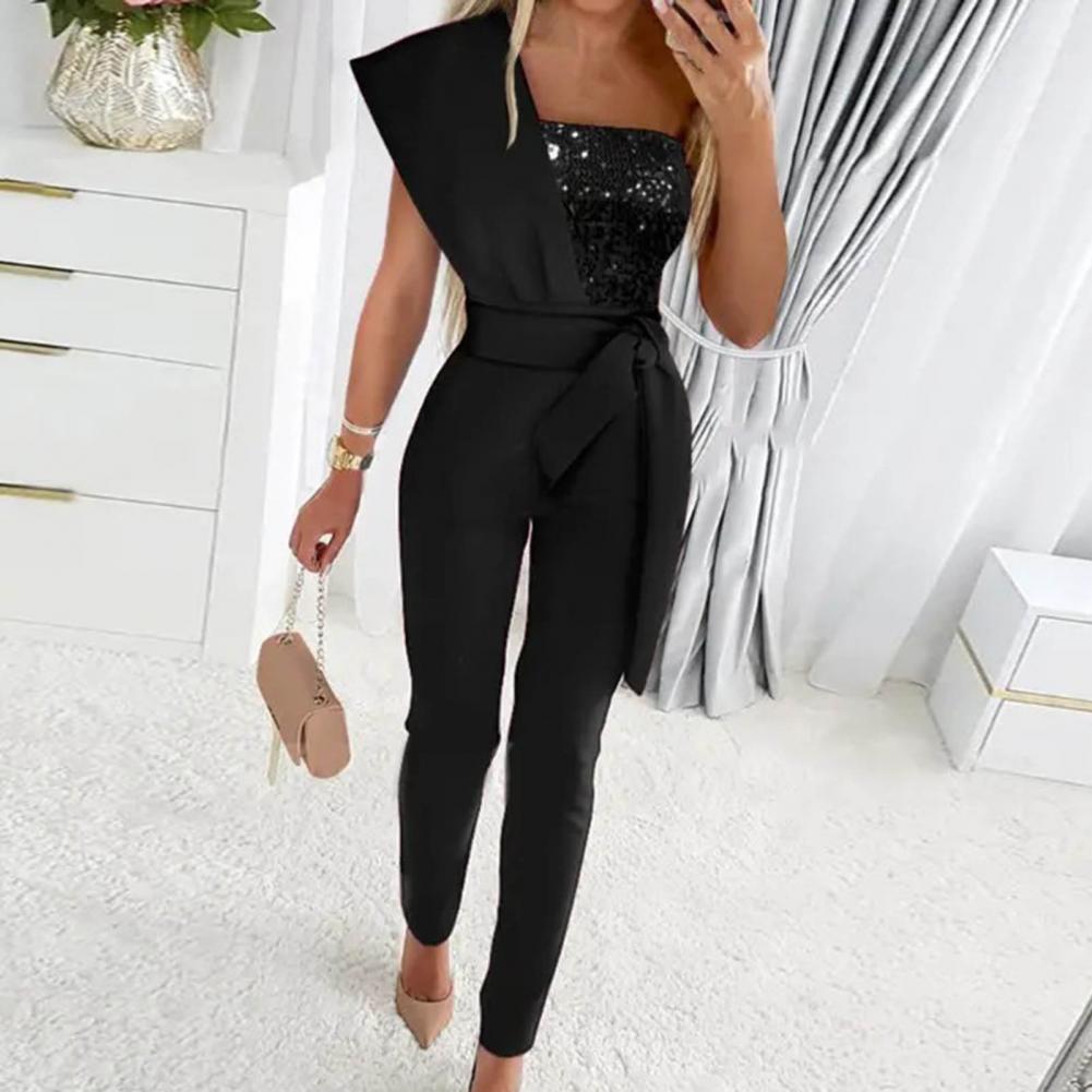 Drune | One Shoulder Jumpsuit Mit Pailletten Und Taillenband