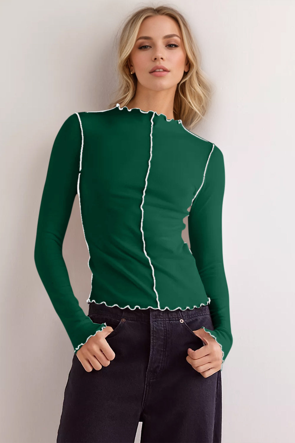 Drune | Basic Bae Kontrastbesatz Mock Neck Langarm T-Shirt
