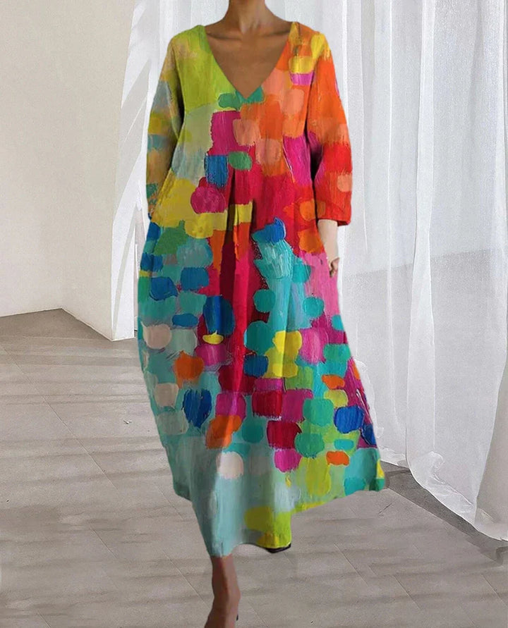 Drune | Buntes Midikleid mit V-Ausschnitt