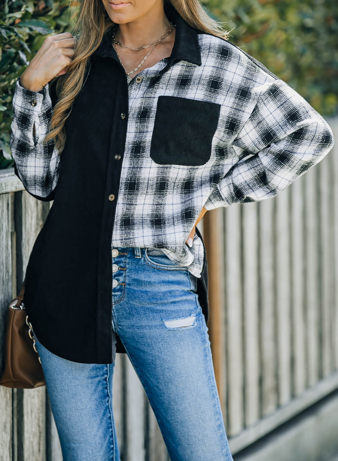 Drune | Karierte Farbblock Gefallen Schulter Corduroy Shacket