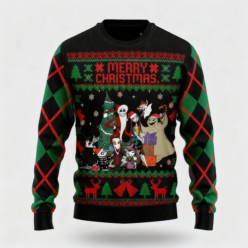 Drune | Santa Claus Cartoon-Musterdesign - Maximalistisches Weihnachtsdruck-Hässlicher Pullover