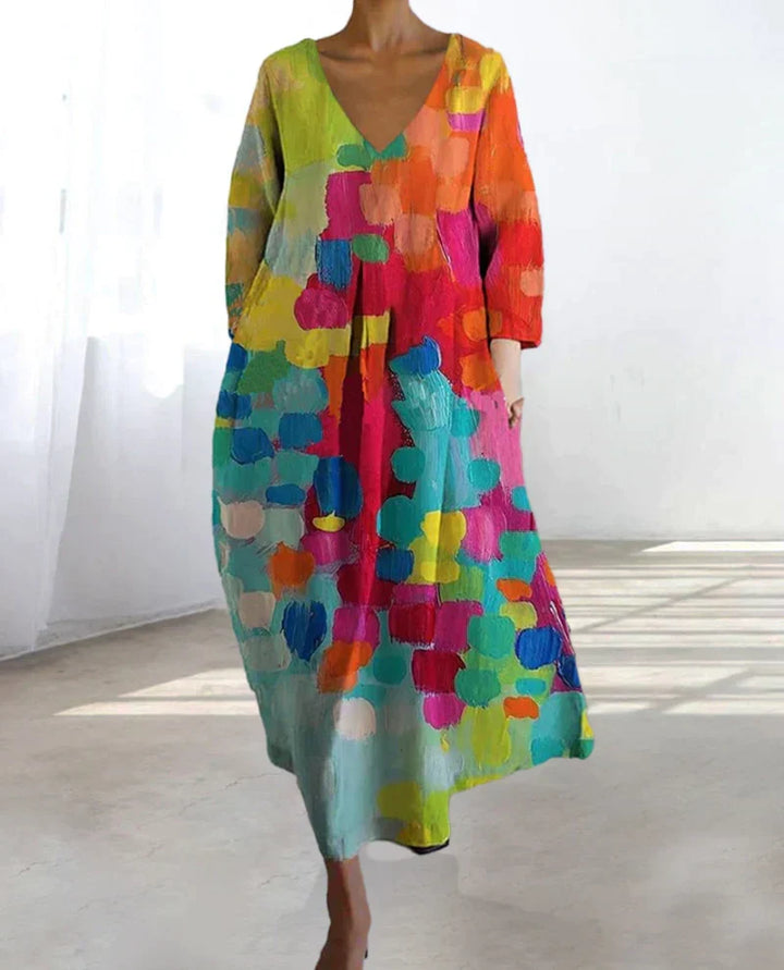 Drune | Buntes Midikleid mit V-Ausschnitt