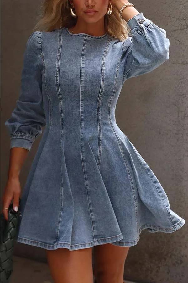Drune | Fade Into You Denim Prinzessinnenlinie Rückenreißverschluss Flare Stretch Mini Kleid