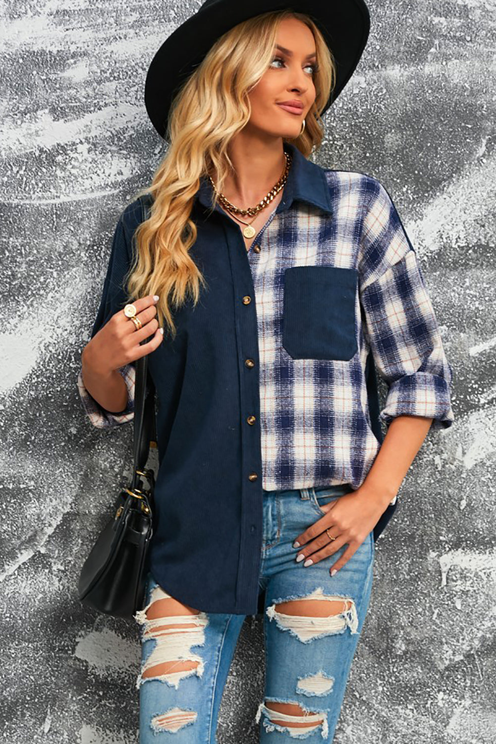 Drune | Karierte Farbblock Gefallen Schulter Corduroy Shacket