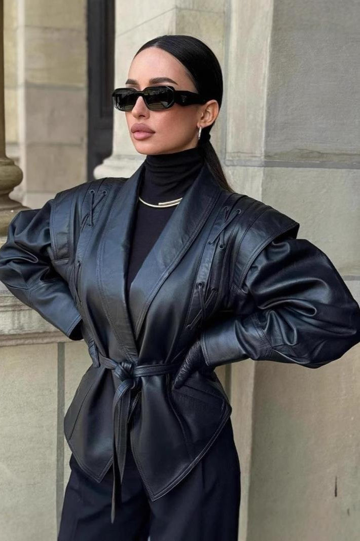 Drune | Gürtelted PU-Lederjacke