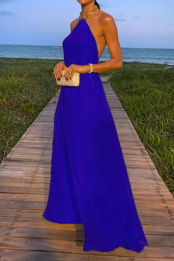 Drune | Sunny In Santorini Ketten-Halter Rückenfreies A-Linie Urlaub Maxi Kleid