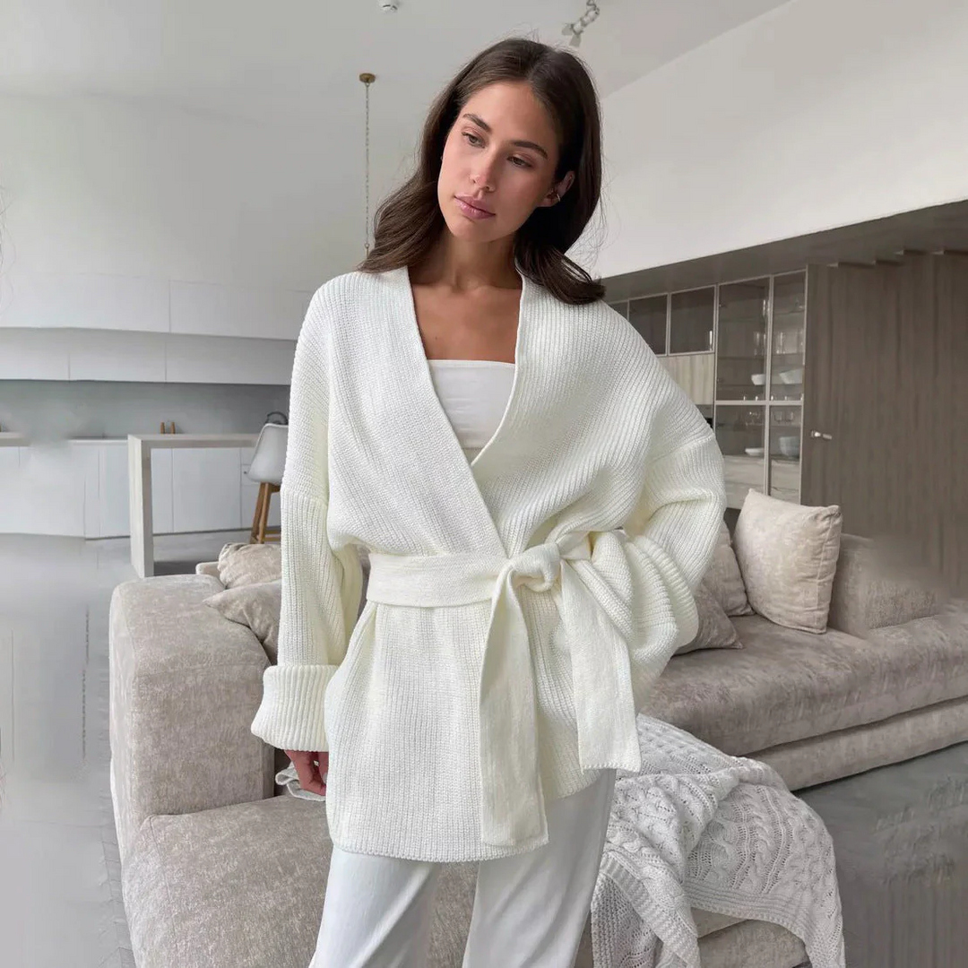 Drune | gerippte Strick-Wickelstrickjacke mit Bindegürtel