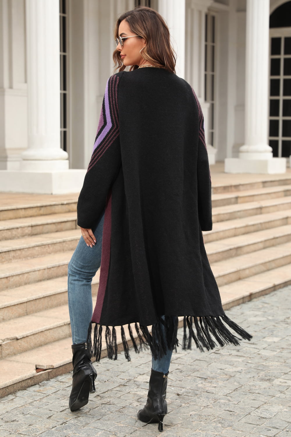 Drune | Geometric Fringe Hem Offene Front Duster Cardigan