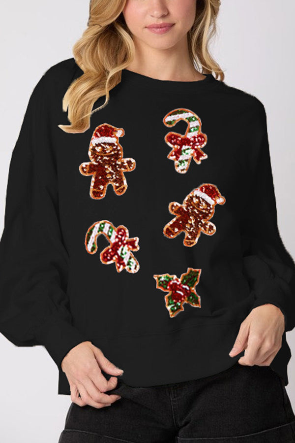 Drune | Weihnachts Lebkuchenmann Paillette Lässig Langarm Sweatshirt