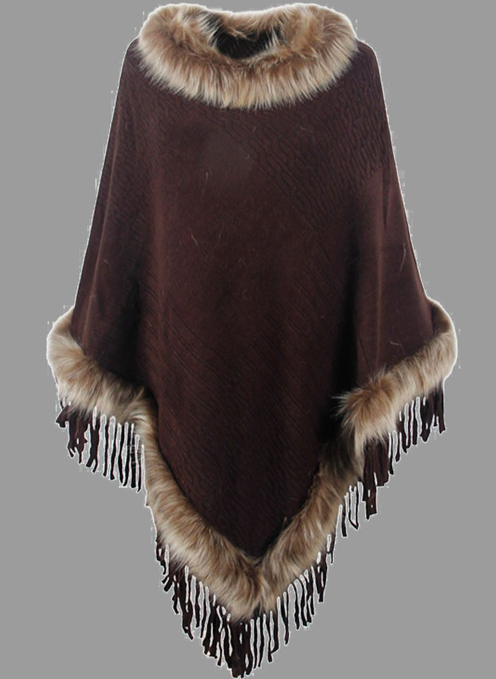 Drune | Elegante Damen Poncho mit Pelzkragen und Fransen