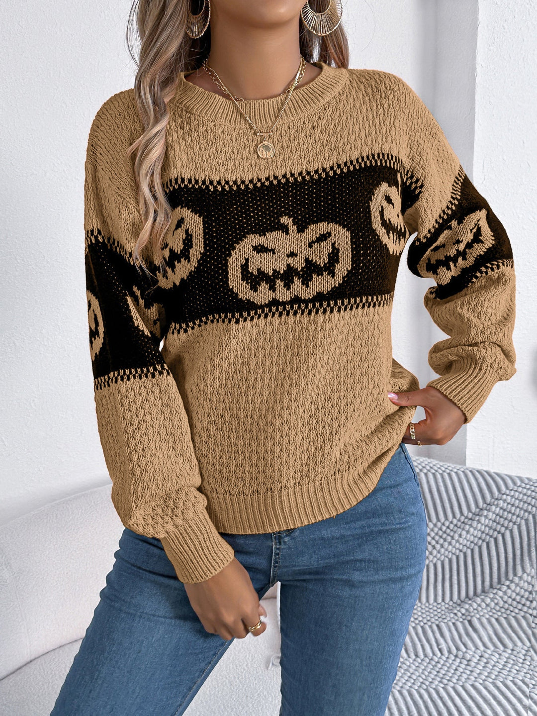 Drune | Halloween Strickpullover mit Kürbis-Motiv