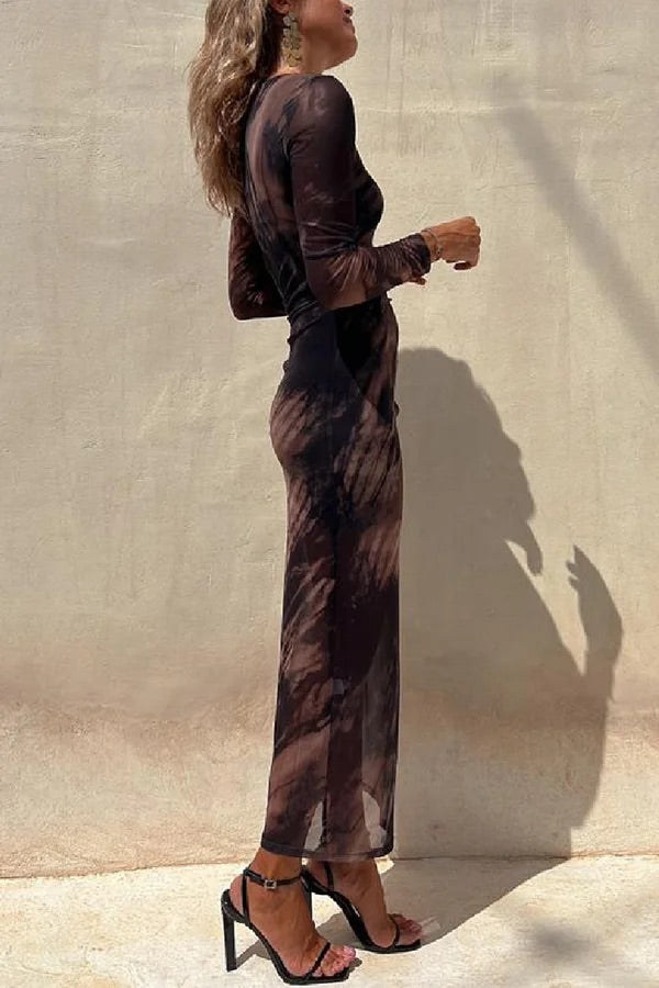 Drune | Charm Lady Mesh Overlay Tie Dye Print Langarm Rüsch Stretch Midi Kleid