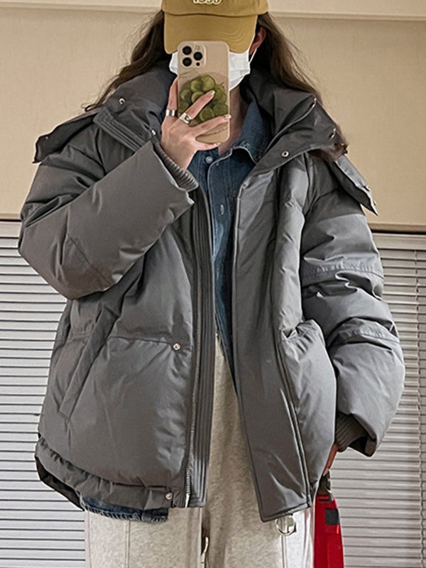 Drune | Graue einfarbige Herzverzierte Kapuzenpufferjacke