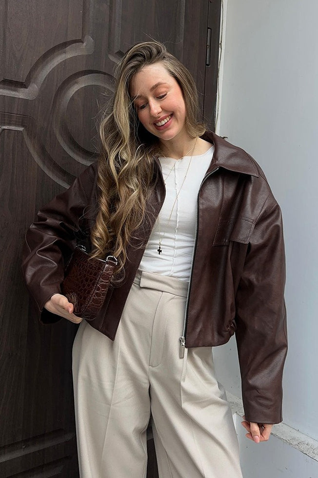 Drune | Braune PU-Lederjacke
