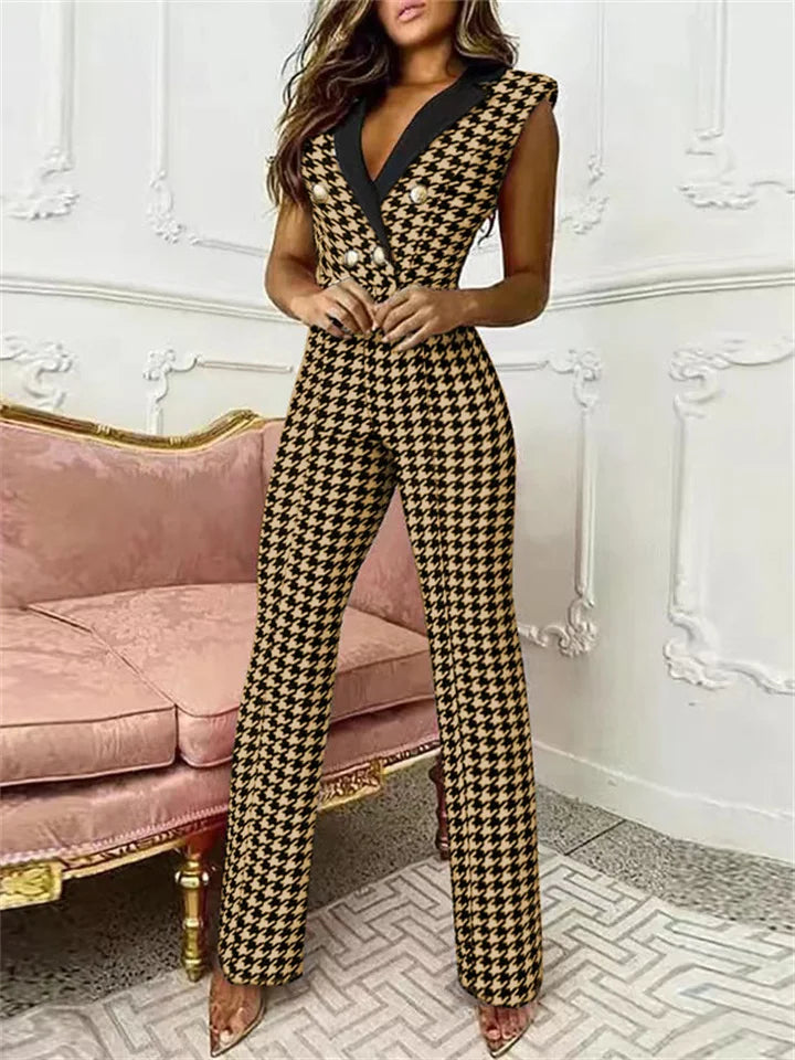 Drune | Jumpsuit mit V-Ausschnitt und Pied-de-Poule-Druck | Trendy und Elegant