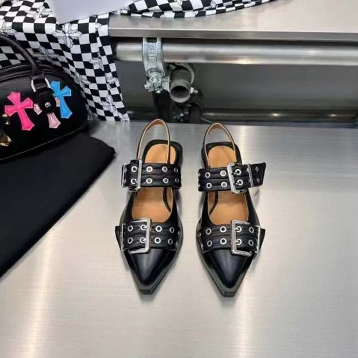 Drune | Spitz Zehen Gürtel Schnalle Mules Leder Flach Sandalen