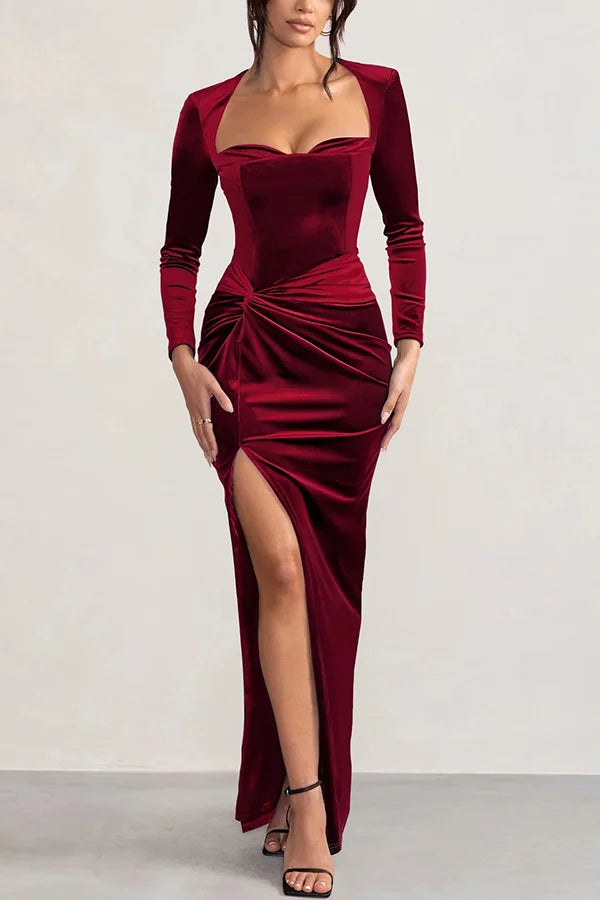 Drune | Hollywood Glamour Samt Tief-V-Ausschnitt Langarm Verdrehte Schlitz Stretch Maxi Kleid