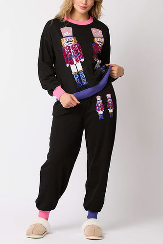Drune | Weihnachtsmann Pailletten Freizeit Sweatshirt und elastische Taillen lockere Taschenhose Set