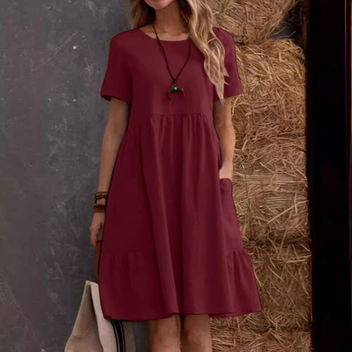 Drune | Lose Tasche einfarbig Rundhalsausschnitt Kleid