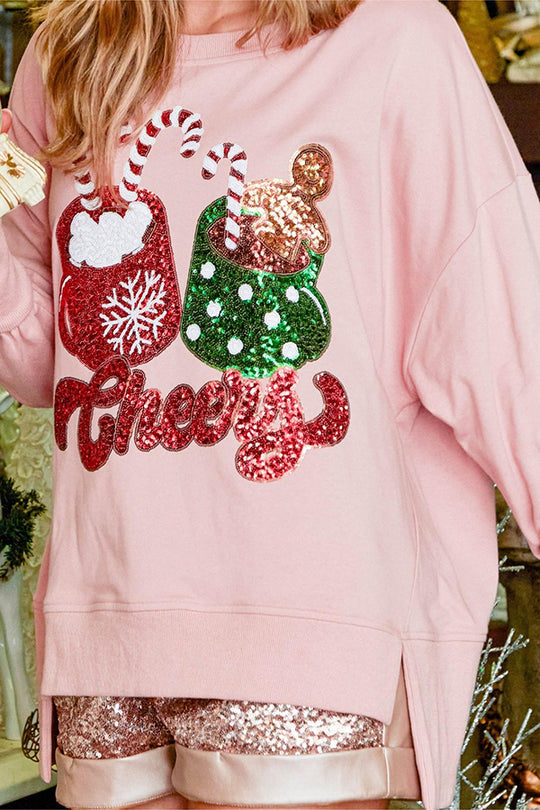 Drune | Weihnachts Süßigkeiten Tasse Pailletten Lässiger Lockere Sweatshirt