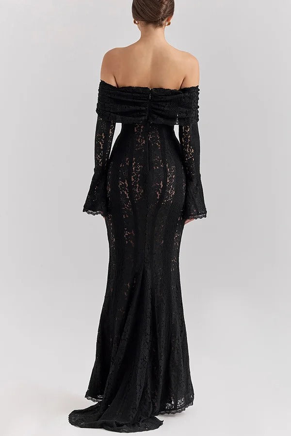 Drune | Blumen Spitze Off Shoulder Flare Ärmel Fishtail Maxi Kleider - Weiß