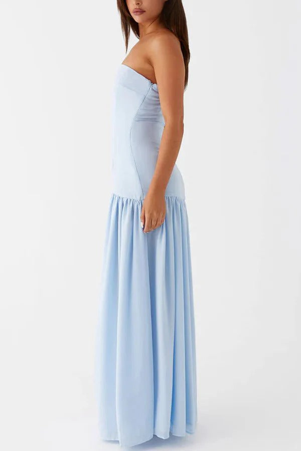 Drune | Eden Patchwork Semi-Transparent Chiffon Strapless Maxi-Kleid