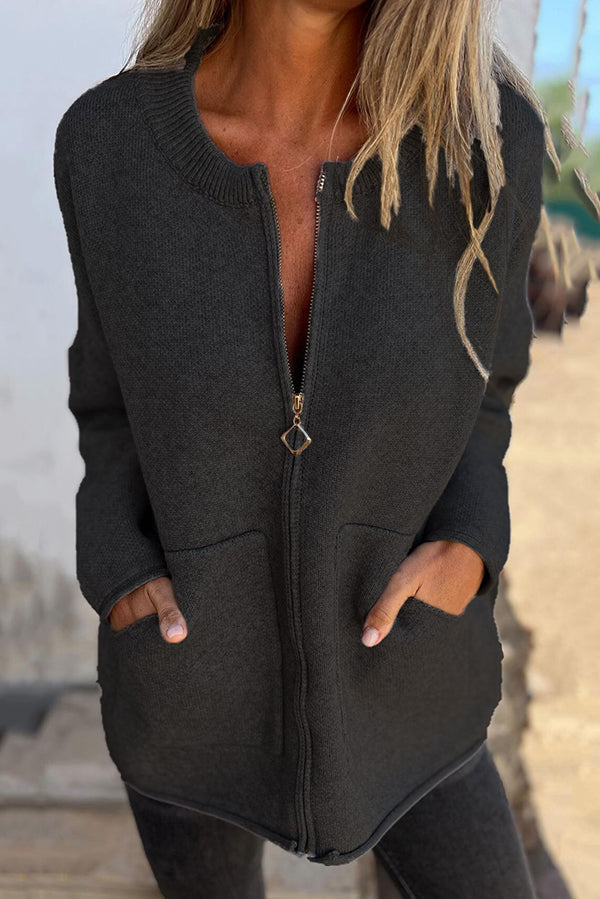 Drune | Farbe Rundhalsausschnitt Langarm Freizeit Reißverschluss Tasche Strickjacke