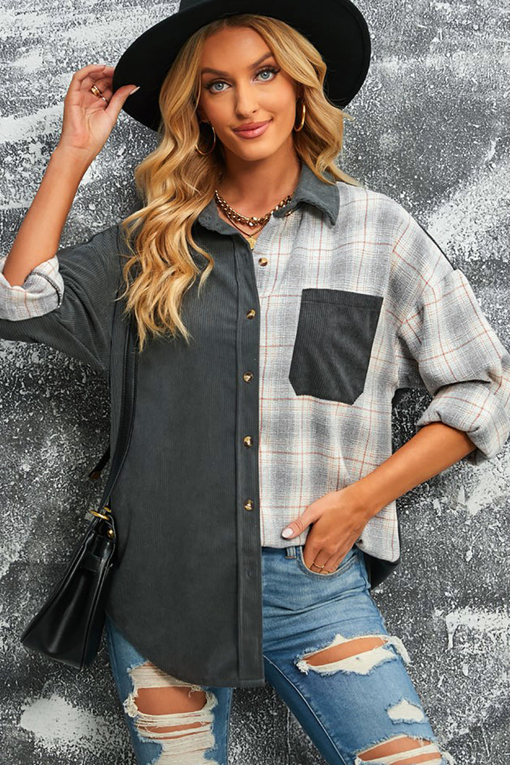 Drune | Karierte Farbblock Gefallen Schulter Corduroy Shacket