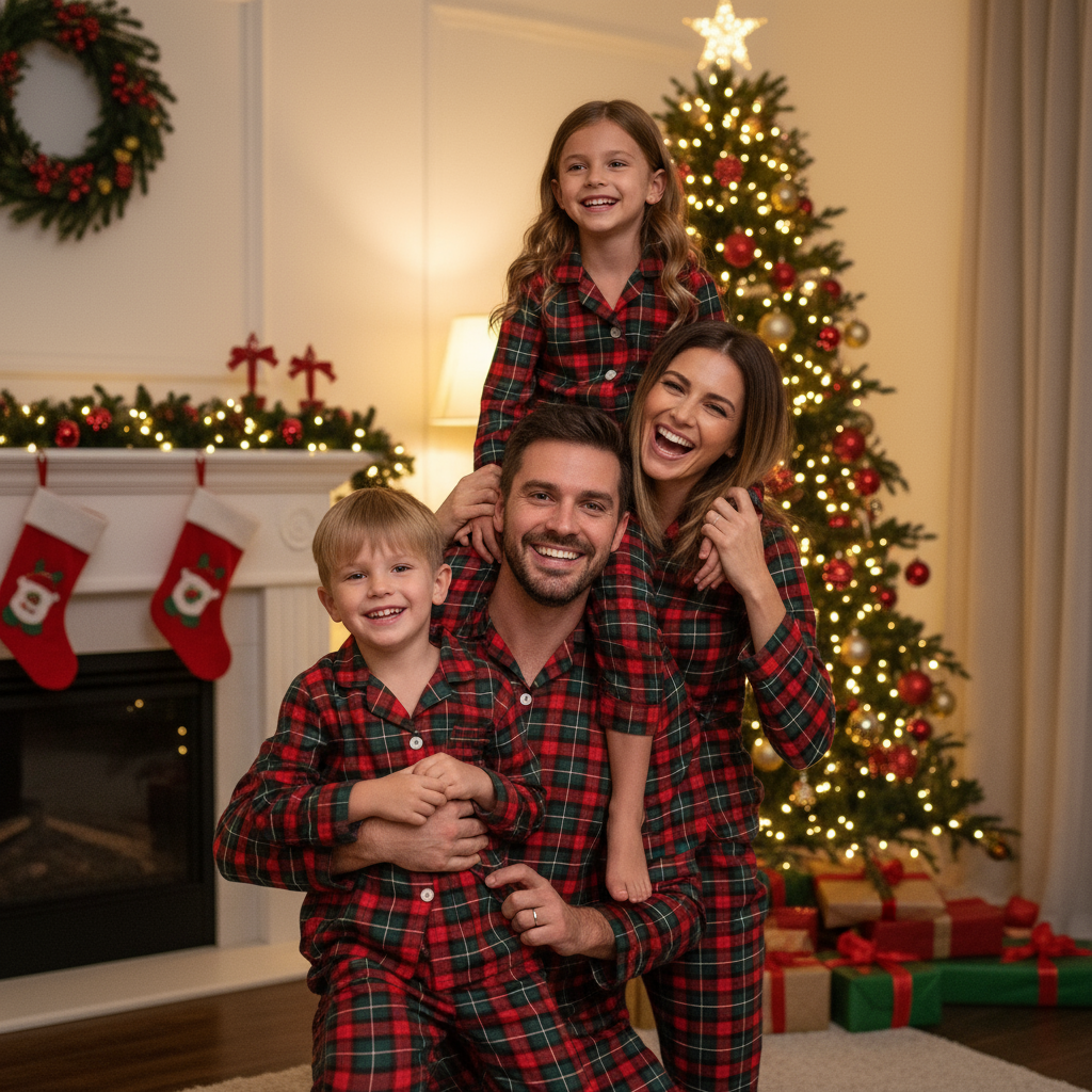 Drune | Weihnachtsrot und Grün Karo Knopfverschluss Familien Pyjama Sets