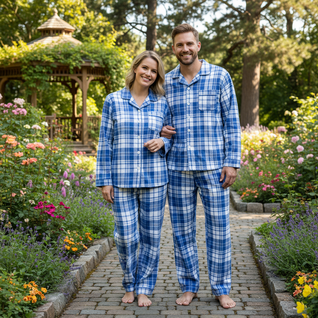 Drune | Passende Familien Schlafanzüge Blau Weiß kariert Weihnachts-Pajama-Set