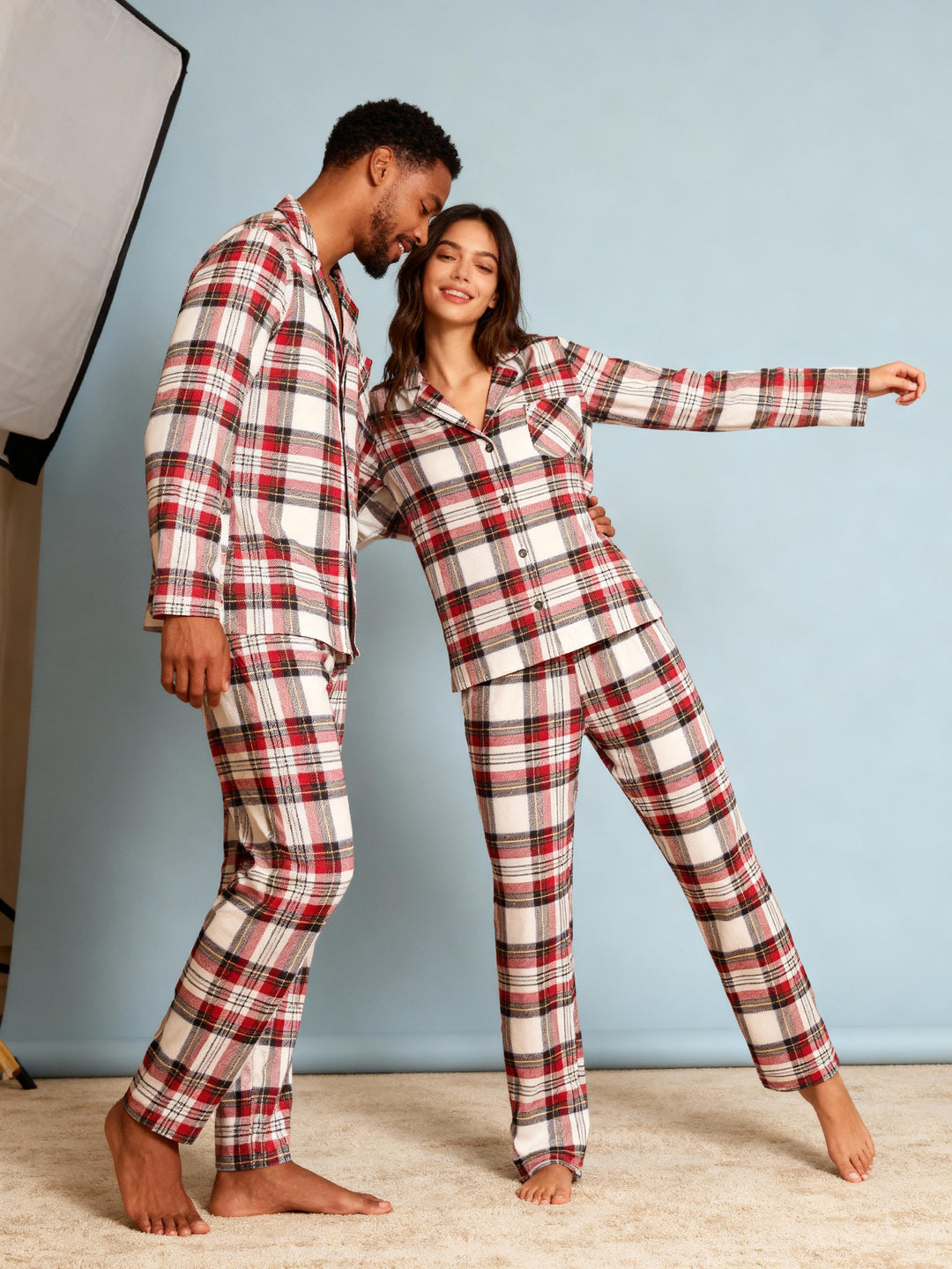 Drune | Urlaub Familie Rot Karierte Knopf-Front Weihnachts-Pyjama Set