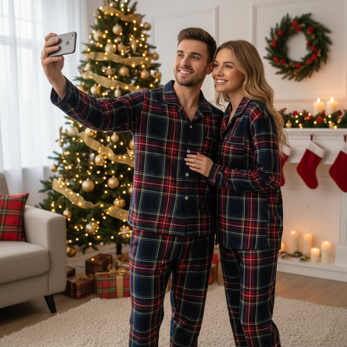 Drune | Familien passende Ferien Schlafanzug Rot Blau Karomuster Lange Ärmel Pyjama Set