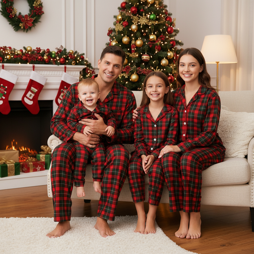Drune | Weihnachtsrot und Grün Karo Knopfverschluss Familien Pyjama Sets