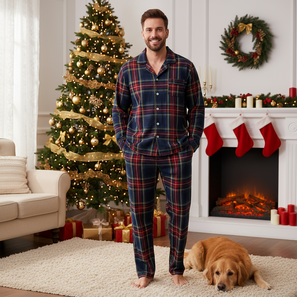 Drune | Familien passende Ferien Schlafanzug Rot Blau Karomuster Lange Ärmel Pyjama Set