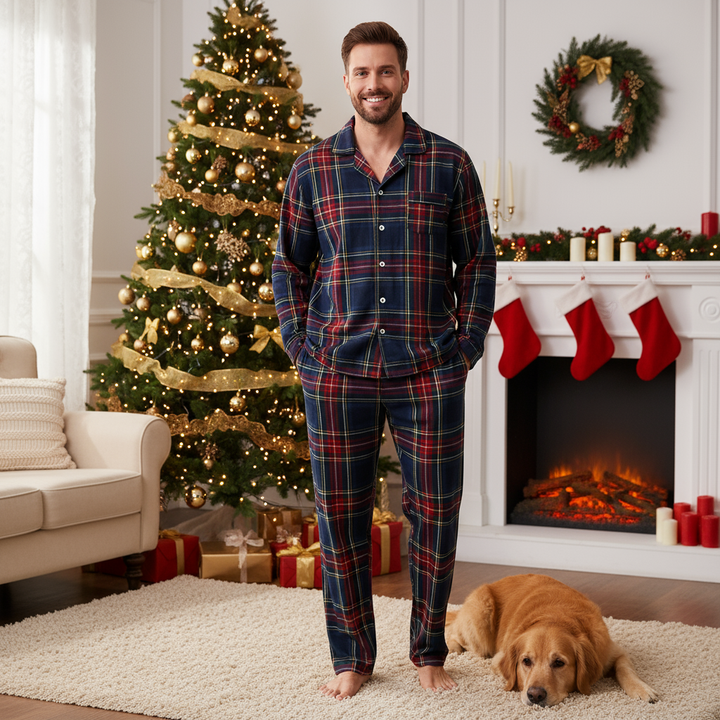 Drune | Familien passende Ferien Schlafanzug Rot Blau Karomuster Lange Ärmel Pyjama Set