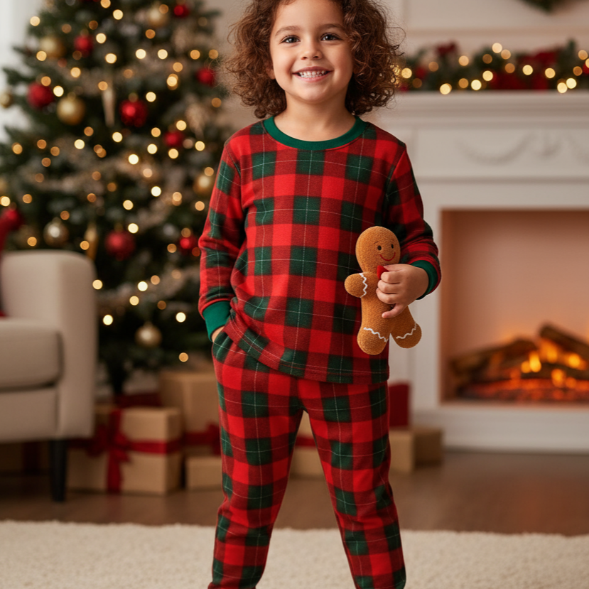 Drune | Passende Familien-Schlafanzüge Grüner Karierter Weihnachts-Pyjama Set