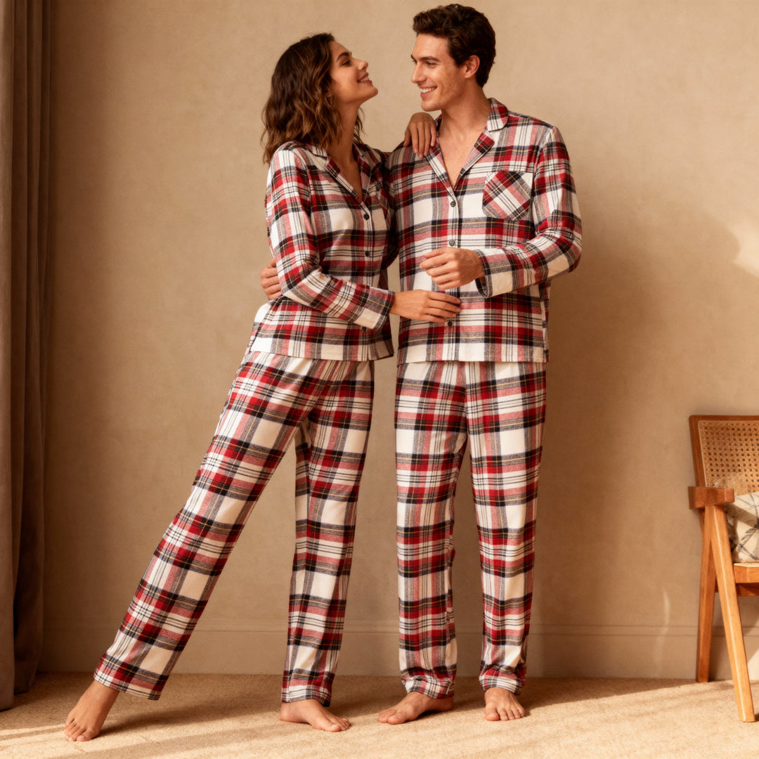 Drune | Urlaub Familie Rot Karierte Knopf-Front Weihnachts-Pyjama Set
