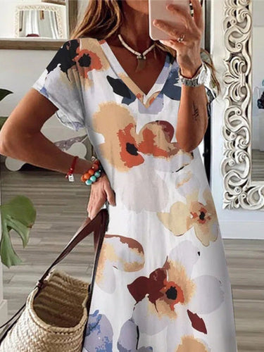 Drune | Frauen Kleider Blumenmuster V-Ausschnitt Kurzarm Schlitzkleid