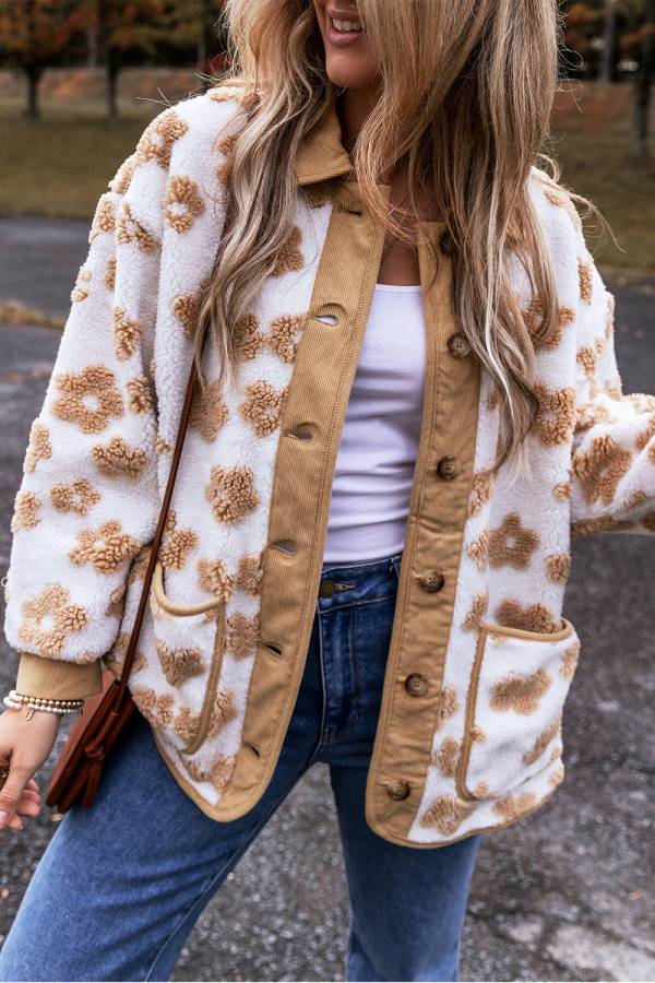Drune | Französisches Beige Süßes Blumenmuster Knopfleiste Fleecejacke