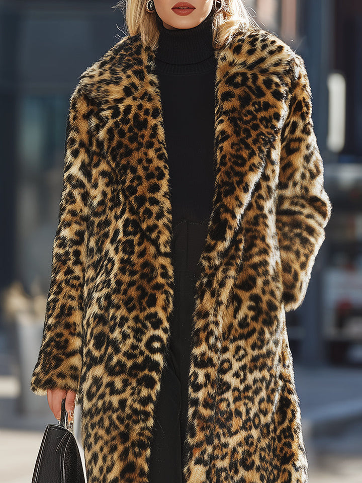 Drune | Falsches Fell Leopard Mantel - Längslinie Statement Outerwear - Plüsch & Voll gefüttert