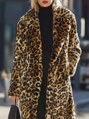Drune | Falsches Fell Leopard Mantel - Längslinie Statement Outerwear - Plüsch & Voll gefüttert