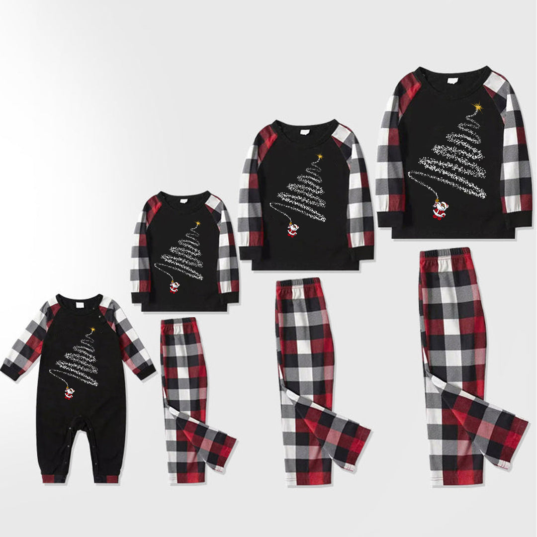 Drune | Weihnachtsmann-Print-Muster Freizeit Langarm-Sweatshirts Kontrast-Oberteile und rot & schwarz & weiß kariert Hose Familie passende Pyjama-Set mit Haustier-Bandana