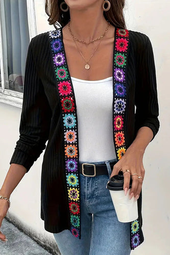 Drune | Boho knit cardigan with floral trim and long sleeves