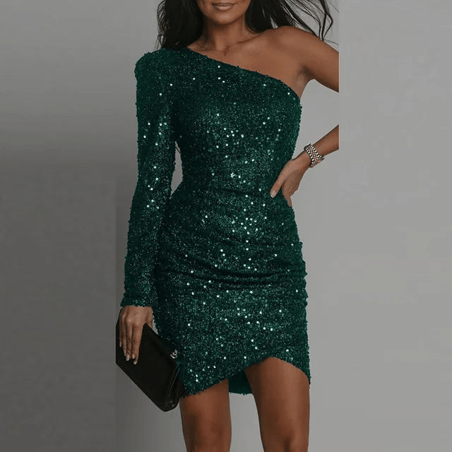 Drune | Elegante One Shoulder Pailletten Kleid Mit Wickelstil Damen Kleid