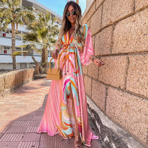 Drune | Luxuriöses Langärmeliges Boho Drucken Langes Kleid mit Gürtel