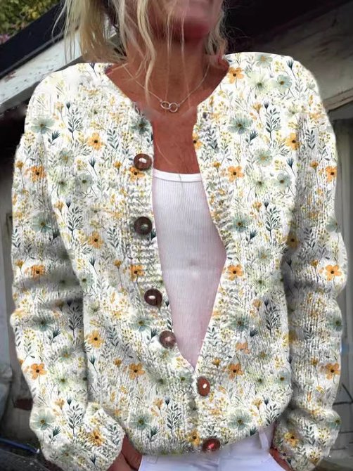 Drune | Knopflose Strickjacke mit Blumenmuster Strick Elegant und Komfortabel
