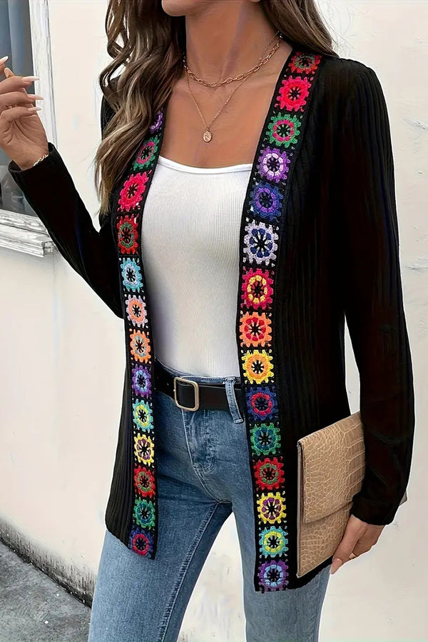 Drune | Boho knit cardigan with floral trim and long sleeves