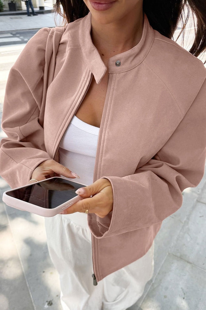 Drune | Stylish suede jacket with a stand-up collar and long sleeves