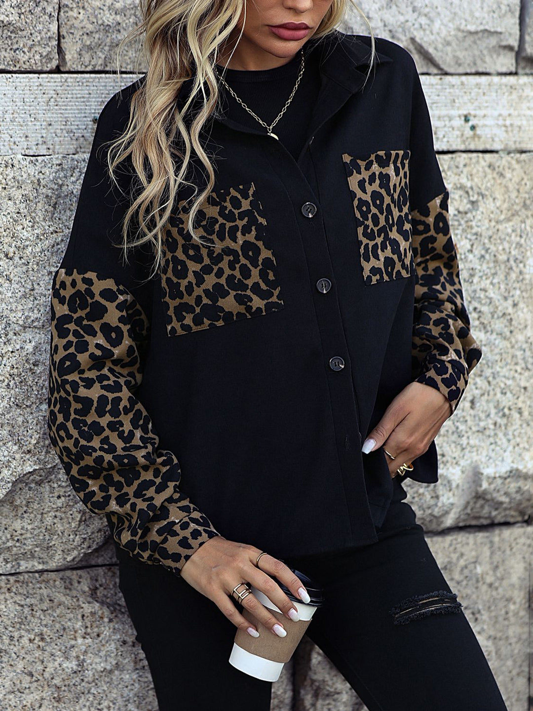 Drune | Leopard Print Knopf-abgesetzte Schulterjacke