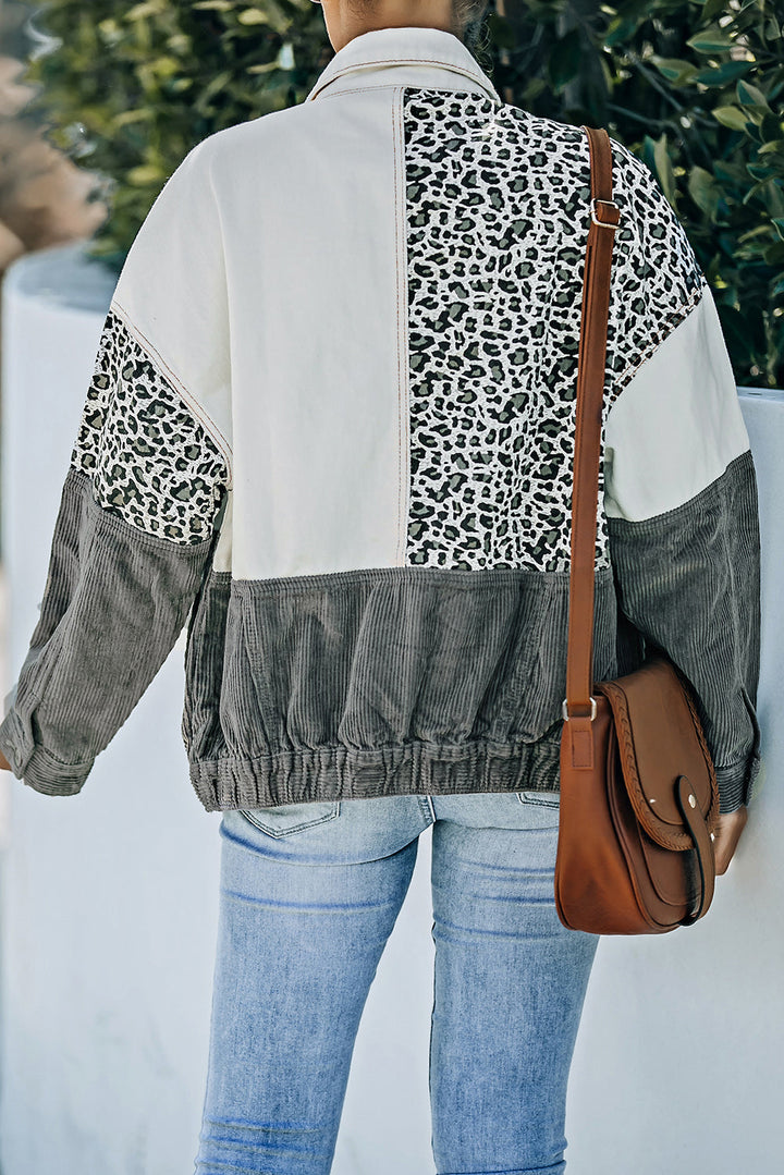Drune | Leopard Farbblock Knopfleiste Cord Baumwolljacke